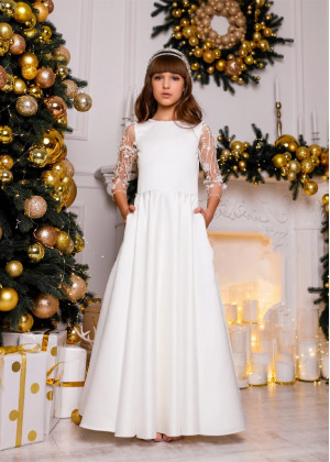 Ivory Lace Satin Beaded Flower Girl Dress Wedding Party Dress